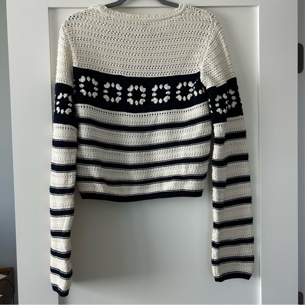 La Ligne Striped Pointelle Pullover Knit Sweater Cream/Blue Size Small - Picture 12 of 12